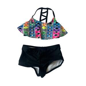 Two piece swim suit size 5 girls Aztec print colorful halter top black shorts